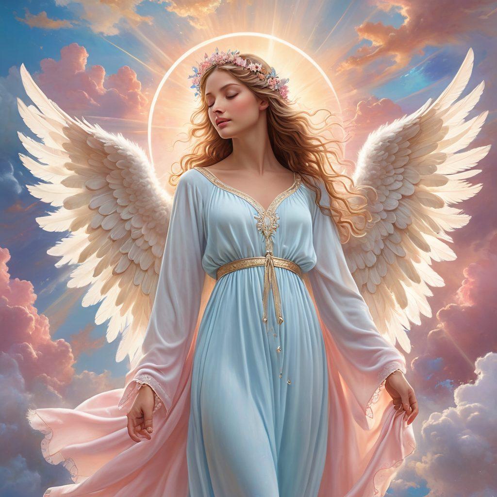 A serene, ethereal scene depicting a guardian angel enveloped in soft, flowing robes, standing gracefully among fluffy clouds. The angel is surrounded by shimmering light and delicate feathers, showcasing an aura of elegance and charm. Incorporate elements of elegance like a glowing halo and gentle, uplifting colors that evoke a sense of tranquility and grace. Capture the essence of heavenly beauty and sophistication. super-realistic. vibrant colors. soft background.