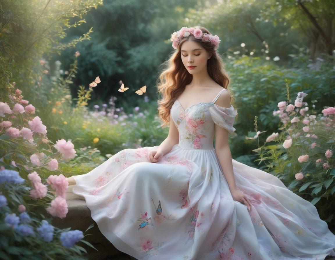 A serene figure embodying elegance, gracefully poised in a bloom-filled garden, surrounded by soft pastel colors and delicate butterflies. The figure wears flowing attire that reflects a blend of beauty and strength, with gentle light illuminating their serene expression. A backdrop of vibrant flowers enhances the theme of inner guardianship and beauty. whimsical and ethereal. soft pastels. detailed floral elements.